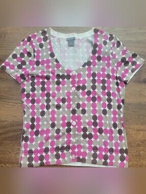 Ann Taylor Beige and Pink Polka Dot Knit Top